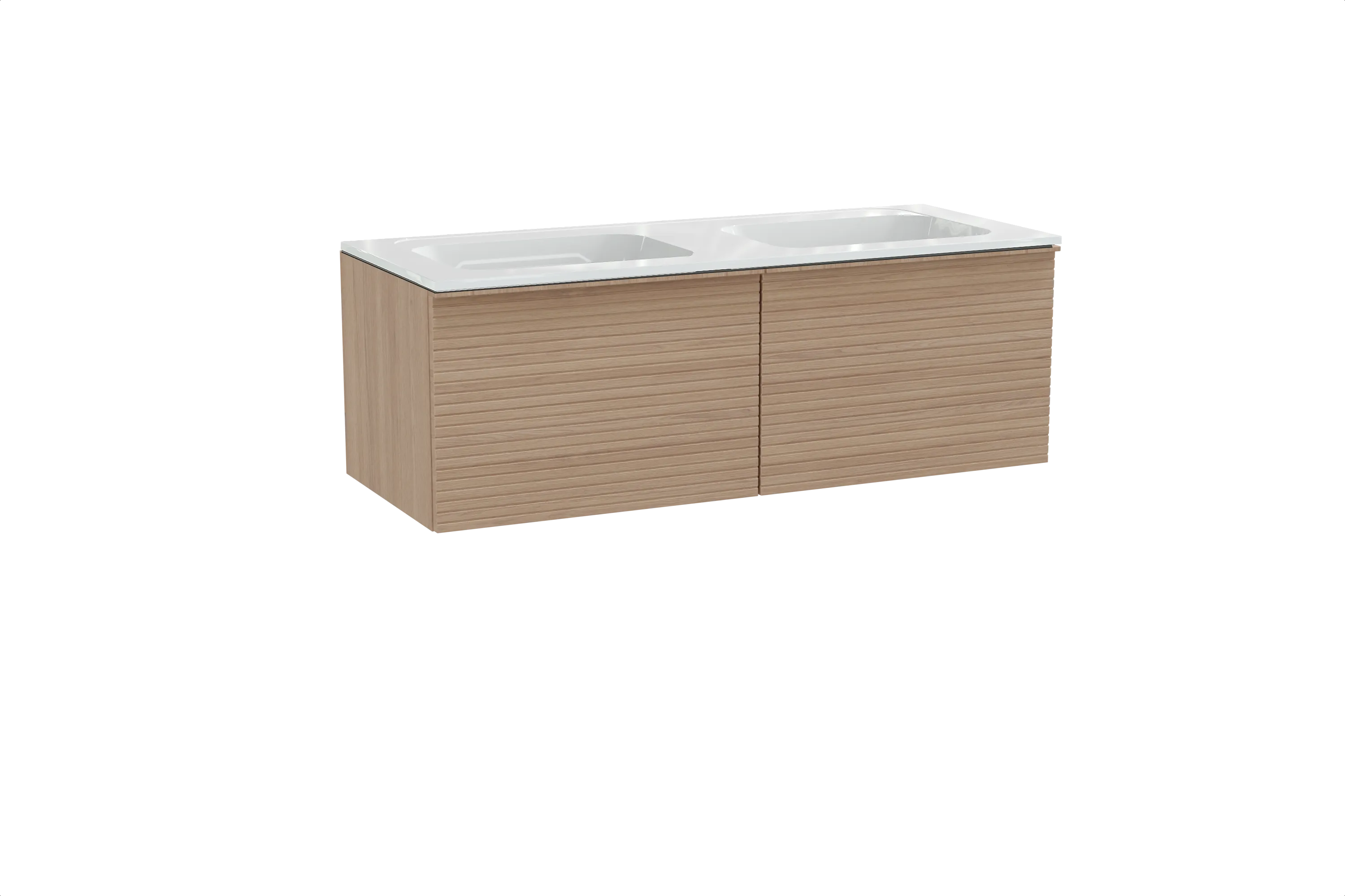 Balmani Forma meuble salle de bains suspendu 135 x 55 cm chêne naturel avec Tablo Strada double vasque en marbre composite blanc