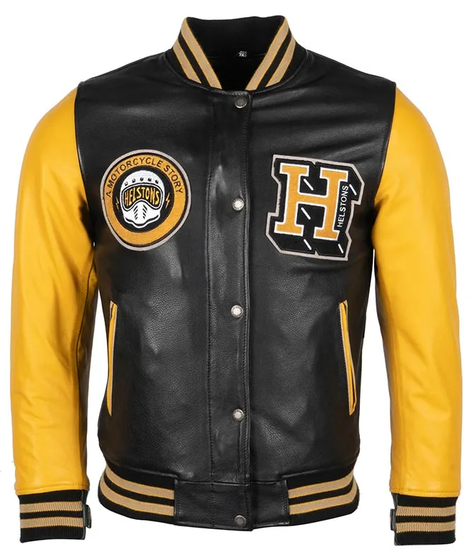 Blouson femme Helstons University cuir noir jaune, moto vintage