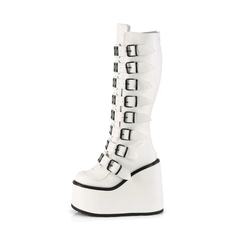 Botte gothique compensée blanche femme à sangles et plaques métalliques Demonia Cult