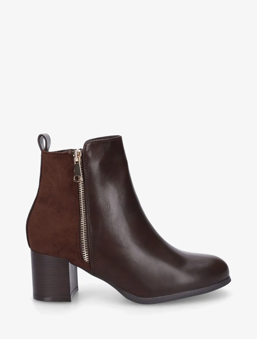 Bottines en simili et suédine à zip décoratif - Marron