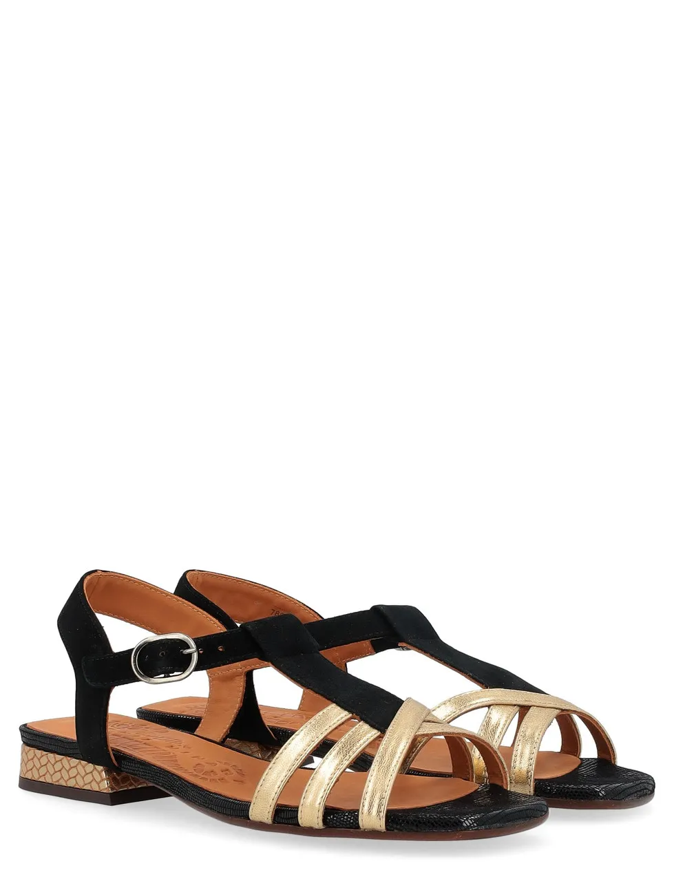 Chie Mihara Sandale en cuir noir et or