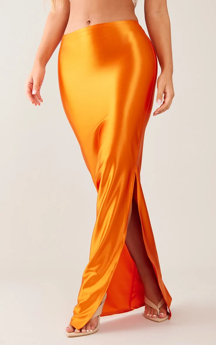 Jupe fendue longue satinée stretch rouille