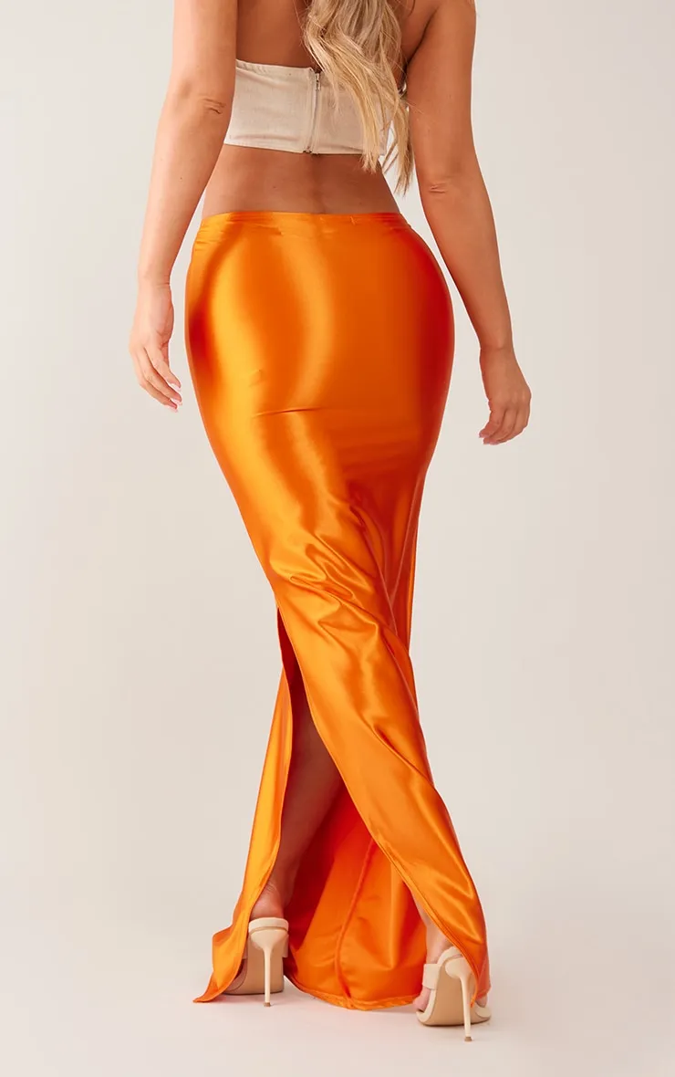 Jupe fendue longue satinée stretch rouille