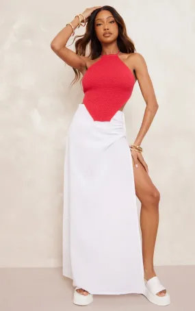 Jupe longue blanche effet lin à bande taille froncée et agrafes & oeillets