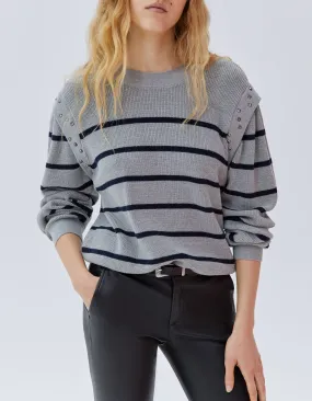 Pull gris tricot à rayures marine et clous Femme