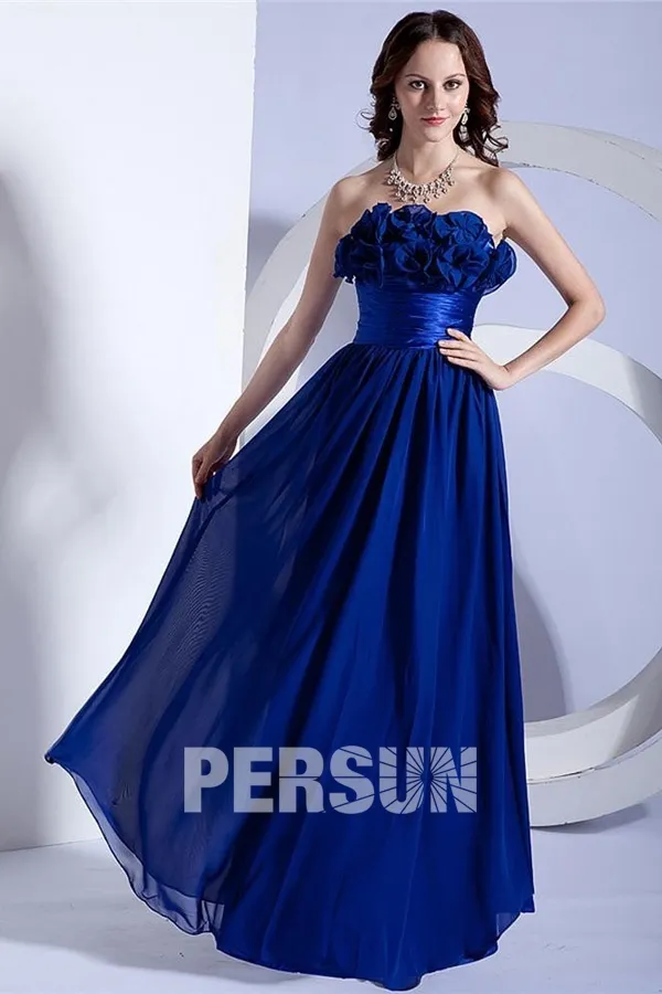 Robe bleu longue pour cérémonie bustier orné de fleurs à la main - Robedesoireelongue.fr