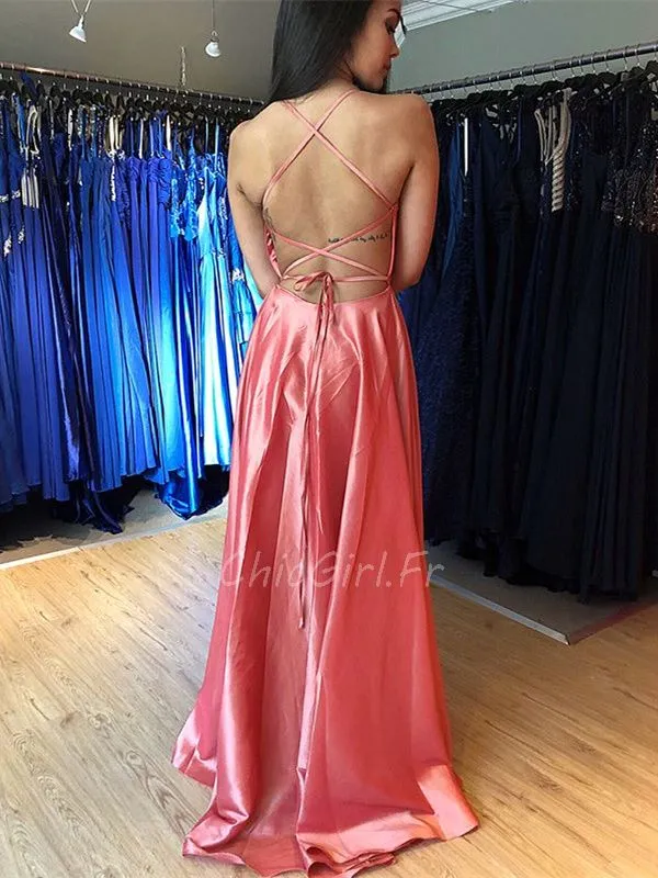 Robe De Soirée Dos Nu Simple Longue Corail Taffetas Avec Fente