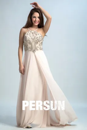 Robe de soirée longue beige avec bretelles fines