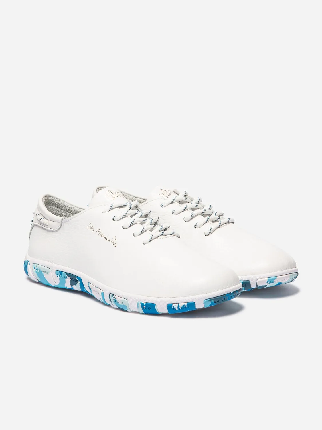 Tennis Femme Confort Cuir Blanc Semelle Bleue tbs