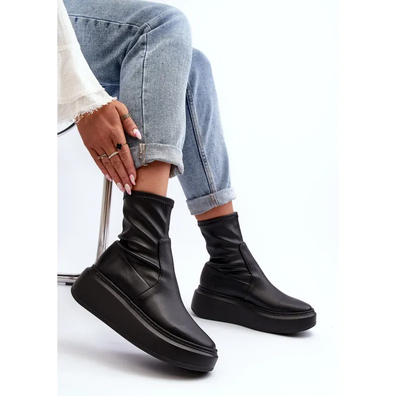 Zazoo 3395 Bottines en cuir pour femme sur une plateforme massive, noir le noir